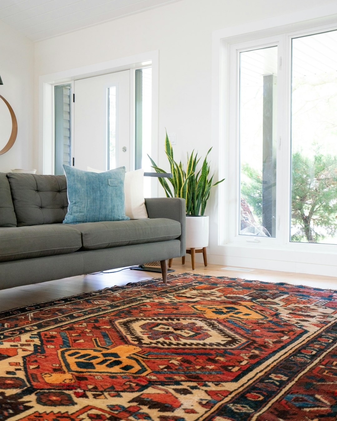 teal 2-seat couch and red area rug - eco-friendly cleaning ensures areas are safe for families and pets